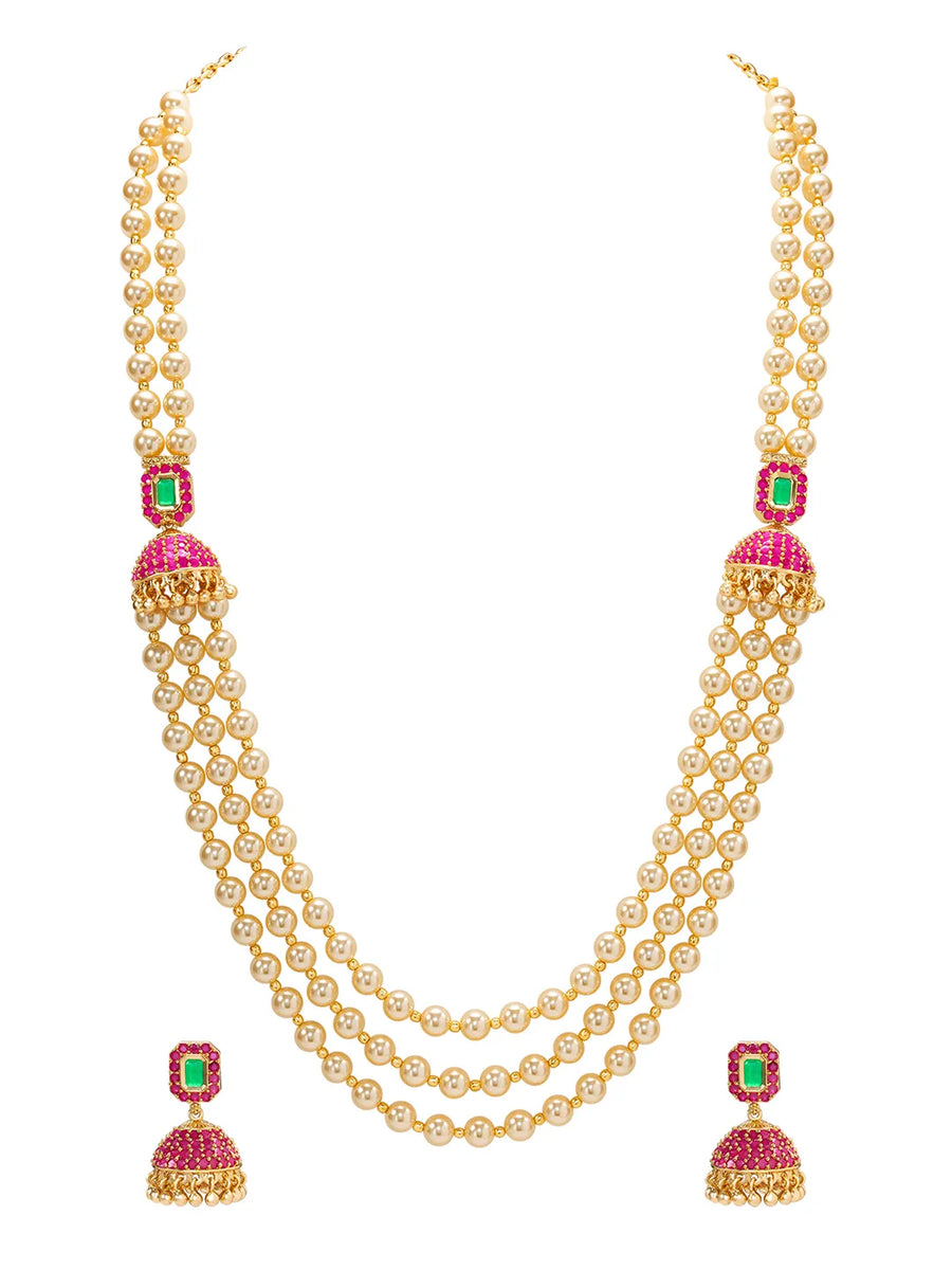 Peora Royal Pearl Layered Mala With Jhumka Set