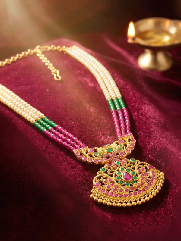 Peora South Style Ruby Green Pearl Long Haram