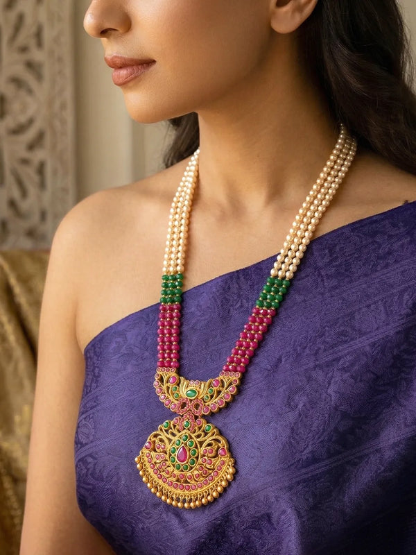 Peora South Style Ruby Green Pearl Long Haram