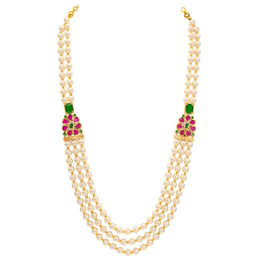 Peora Pink Floral Kundan Multi Layer Pearl Mala