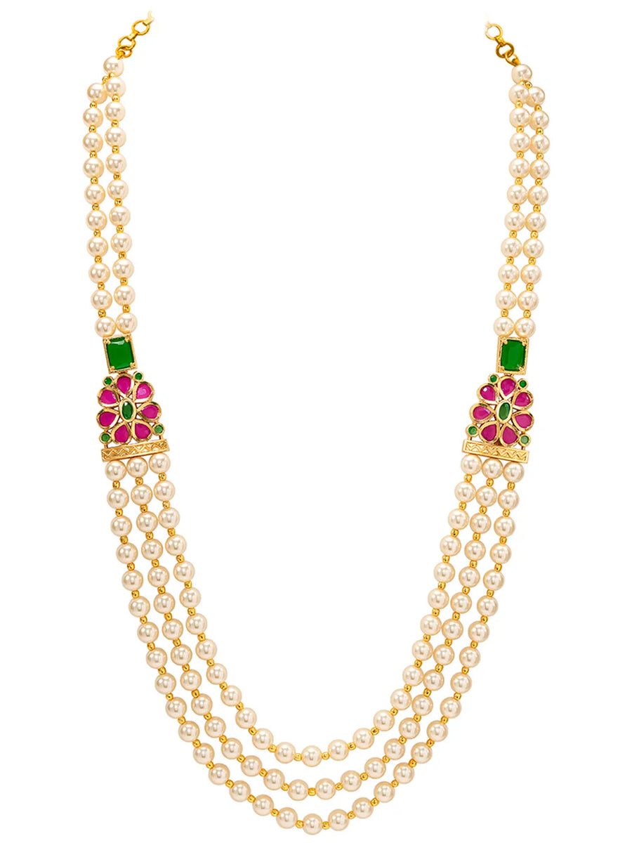 Peora Pink & Green Floral Multi Layer Pearl Mala