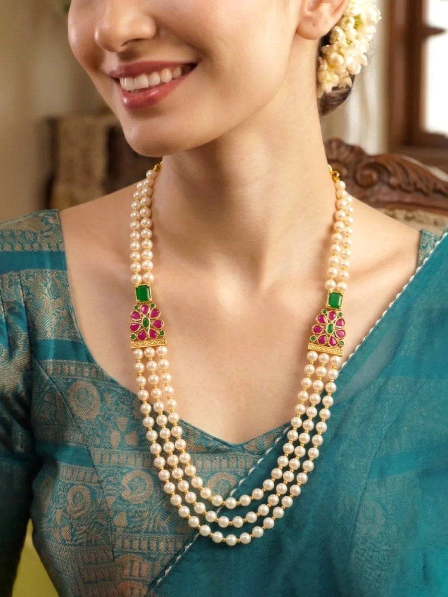Peora Pink & Green Floral Multi Layer Pearl Mala