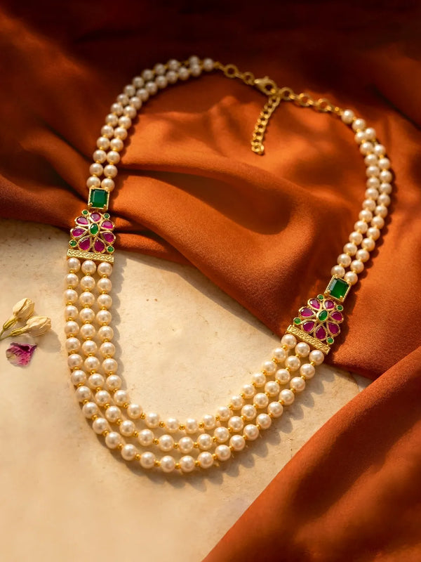 Peora Pink Floral Kundan Multi Layer Pearl Mala