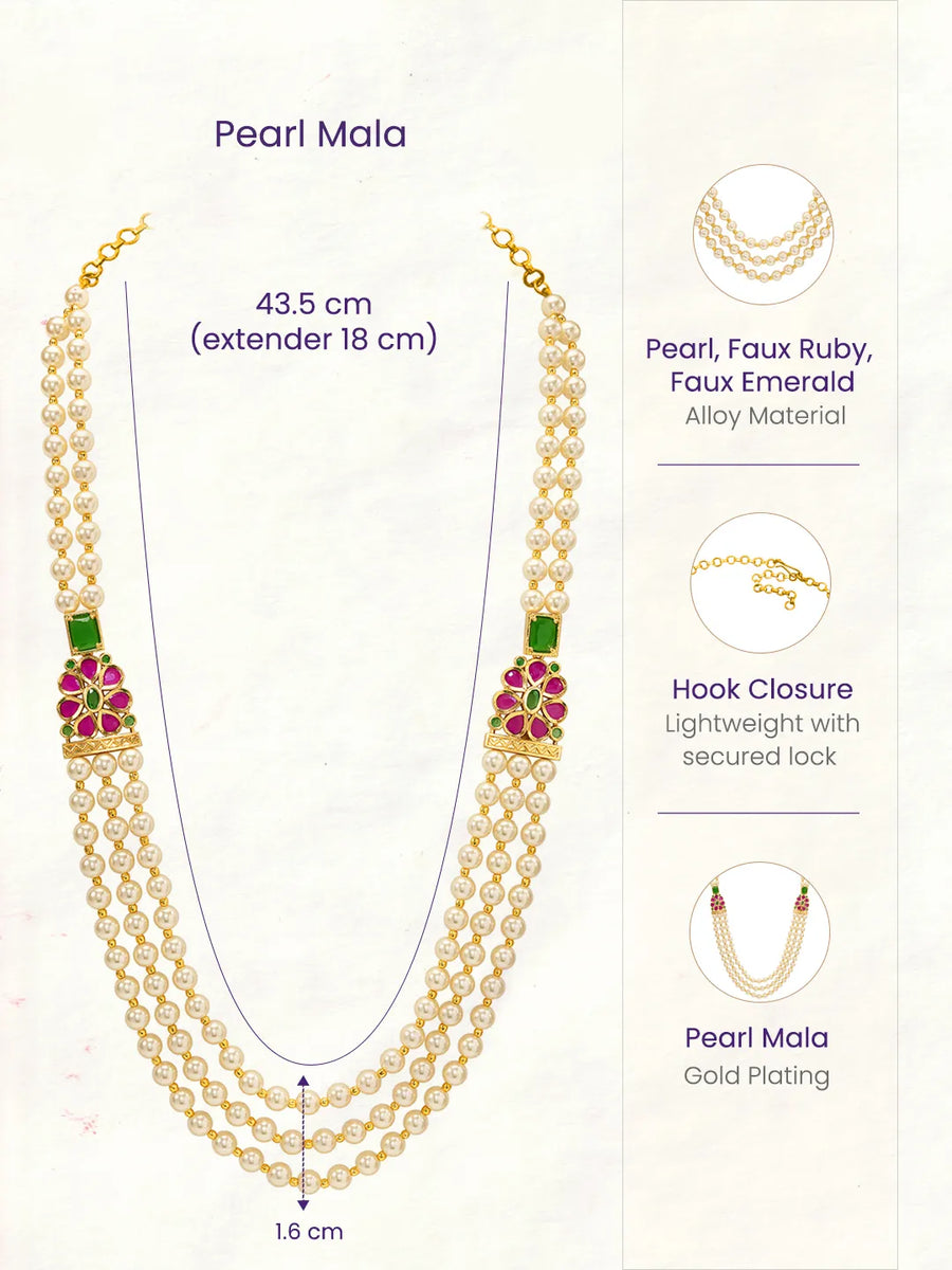 Peora Pink & Green Floral Multi Layer Pearl Mala