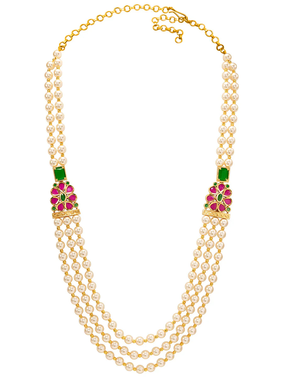Peora Pink & Green Floral Multi Layer Pearl Mala