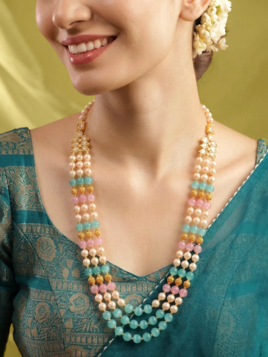 Peora Kundan Pastel Multi Layer Pearl Mala