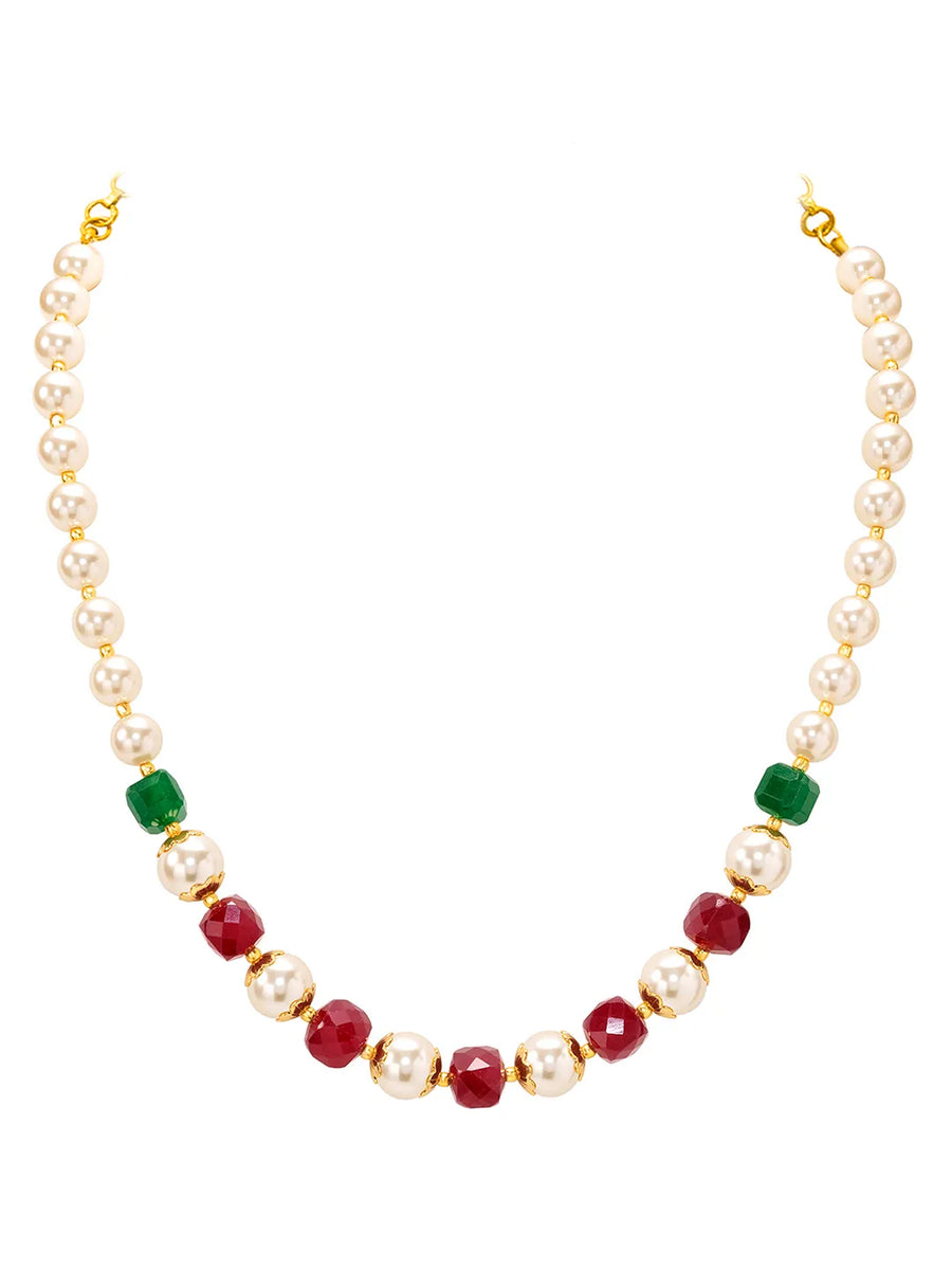 Peora Royal Red Green Pearl Mala Necklace