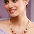 Peora Royal Red Green Pearl Mala Necklace