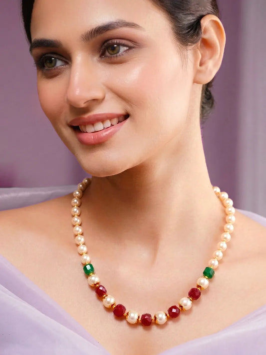 Peora Royal Red Green Pearl Mala Necklace