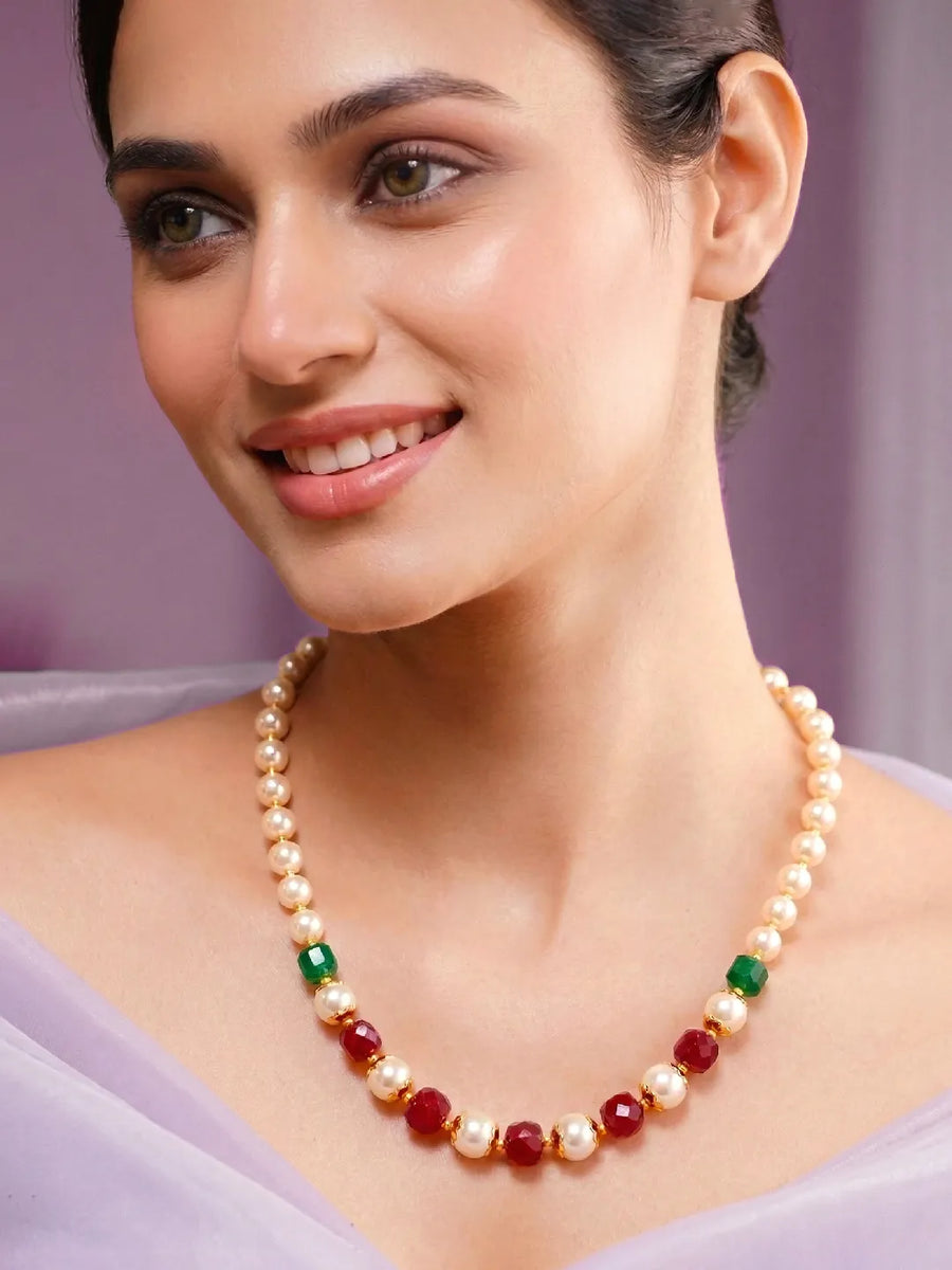 Peora Royal Red Green Pearl Mala Necklace
