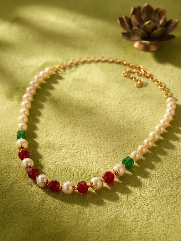 Peora Royal Red Green Pearl Mala Necklace