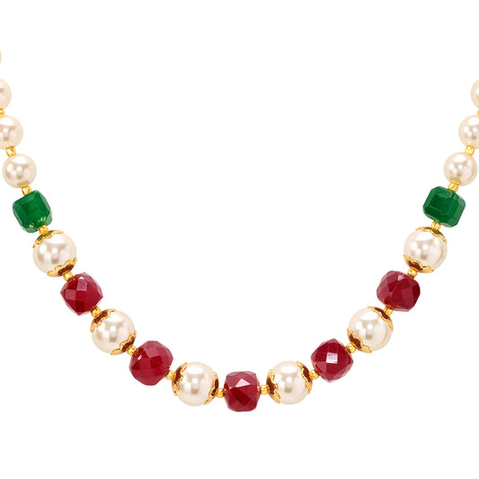Peora Royal Red Green Pearl Mala Necklace