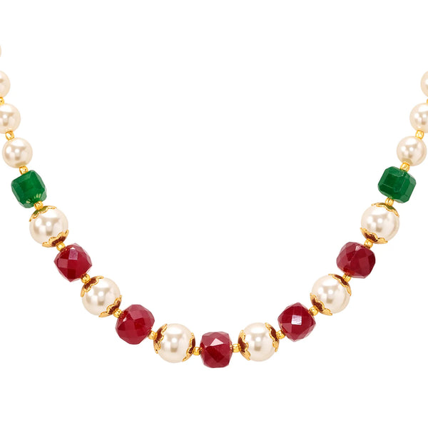 Peora Royal Red Green Pearl Mala Necklace