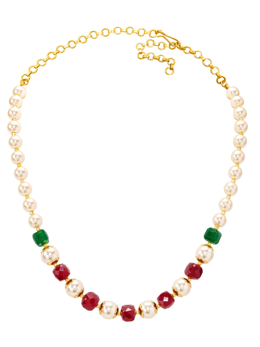 Peora Royal Red Green Pearl Mala Necklace