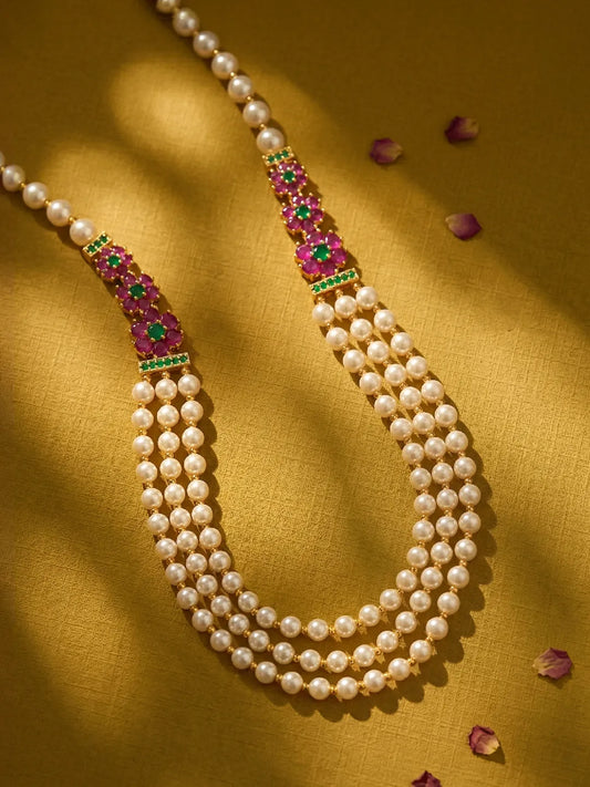 Peora Royal Floral Kundan Multi Layer Pearl Mala