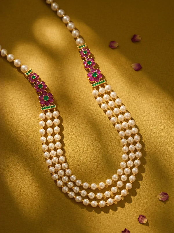 Peora Royal Floral Kundan Multi Layer Pearl Mala