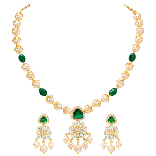 Peora Floral Kundan Emerald Pearl Pendant Set