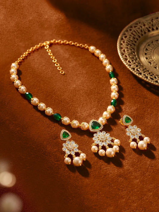 Peora Floral Kundan Emerald Pearl Pendant Set