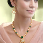 Peora Floral Kundan Emerald Pearl Pendant Set