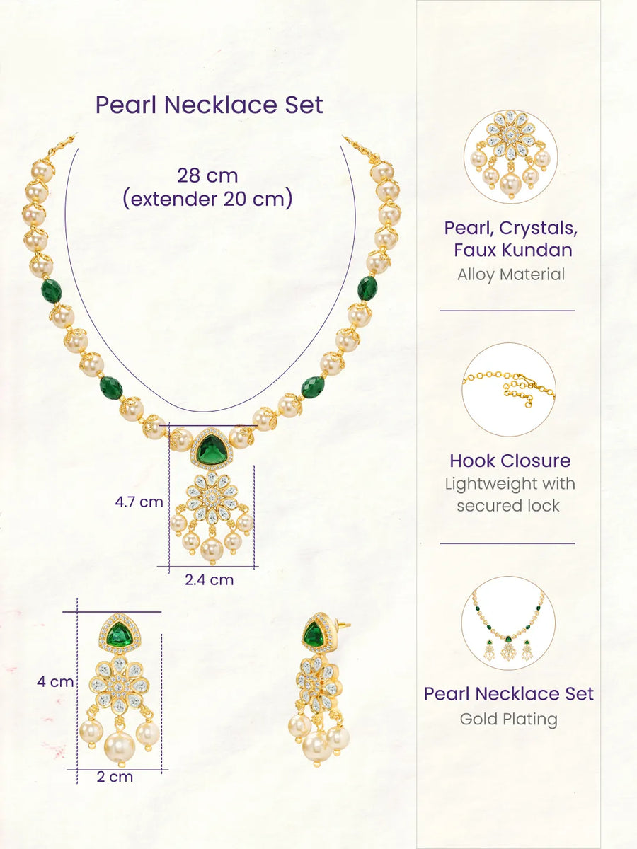 Peora Floral Kundan Emerald Pearl Pendant Set