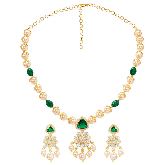 Peora Floral Kundan Emerald Pearl Pendant Set