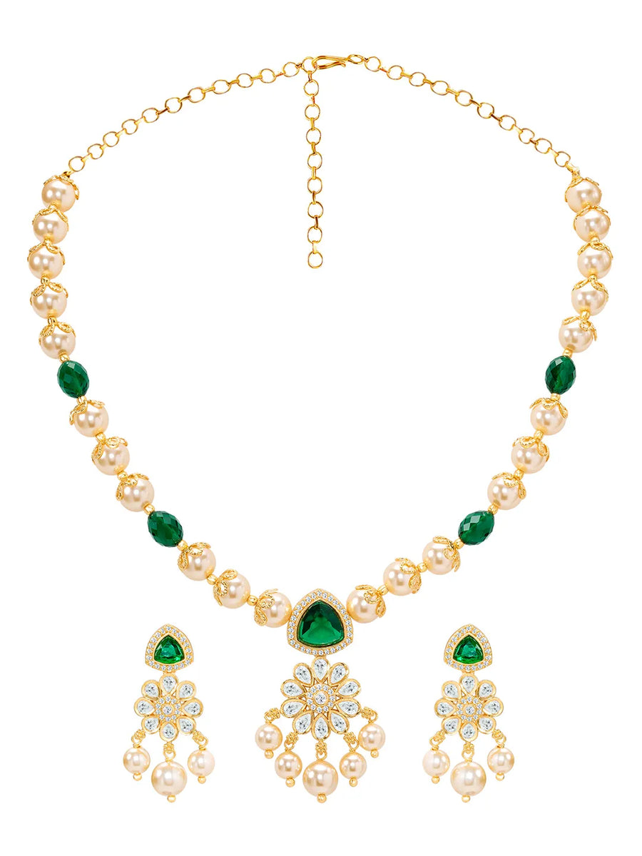 Peora Floral Kundan Emerald Pearl Pendant Set