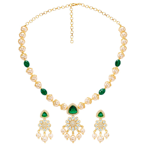 Peora Floral Kundan Emerald Pearl Pendant Set