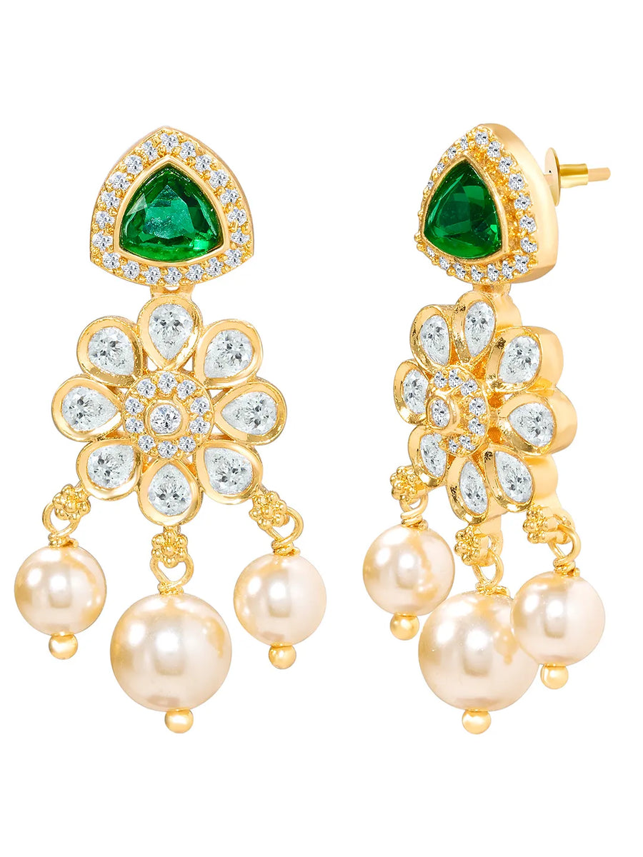 Peora Floral Kundan Emerald Pearl Pendant Set
