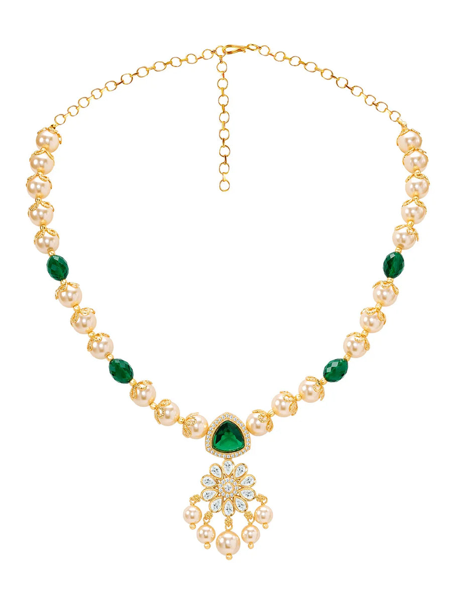Peora Floral Kundan Emerald Pearl Pendant Set