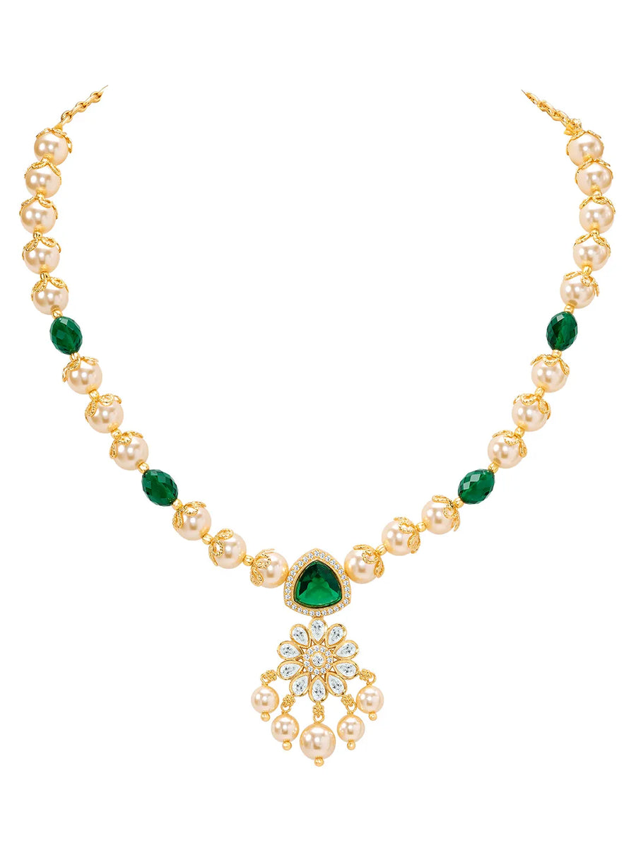 Peora Floral Kundan Emerald Pearl Pendant Set