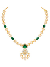 Peora Floral Kundan Emerald Pearl Pendant Set