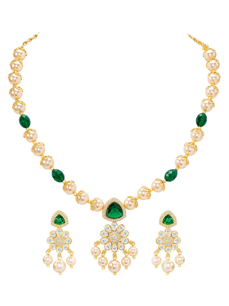 Peora Floral Kundan Emerald Pearl Pendant Set