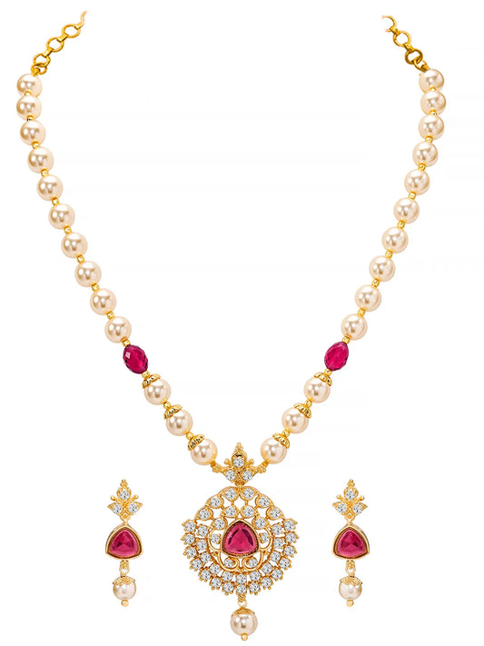 Peora Ruby & Zircon Pendant Pearl Necklace Set