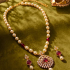Peora Ruby & Zircon Pendant Pearl Necklace Set