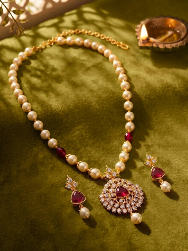 Peora Ruby & Zircon Pendant Pearl Necklace Set