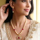 Peora Ruby & Zircon Pendant Pearl Necklace Set