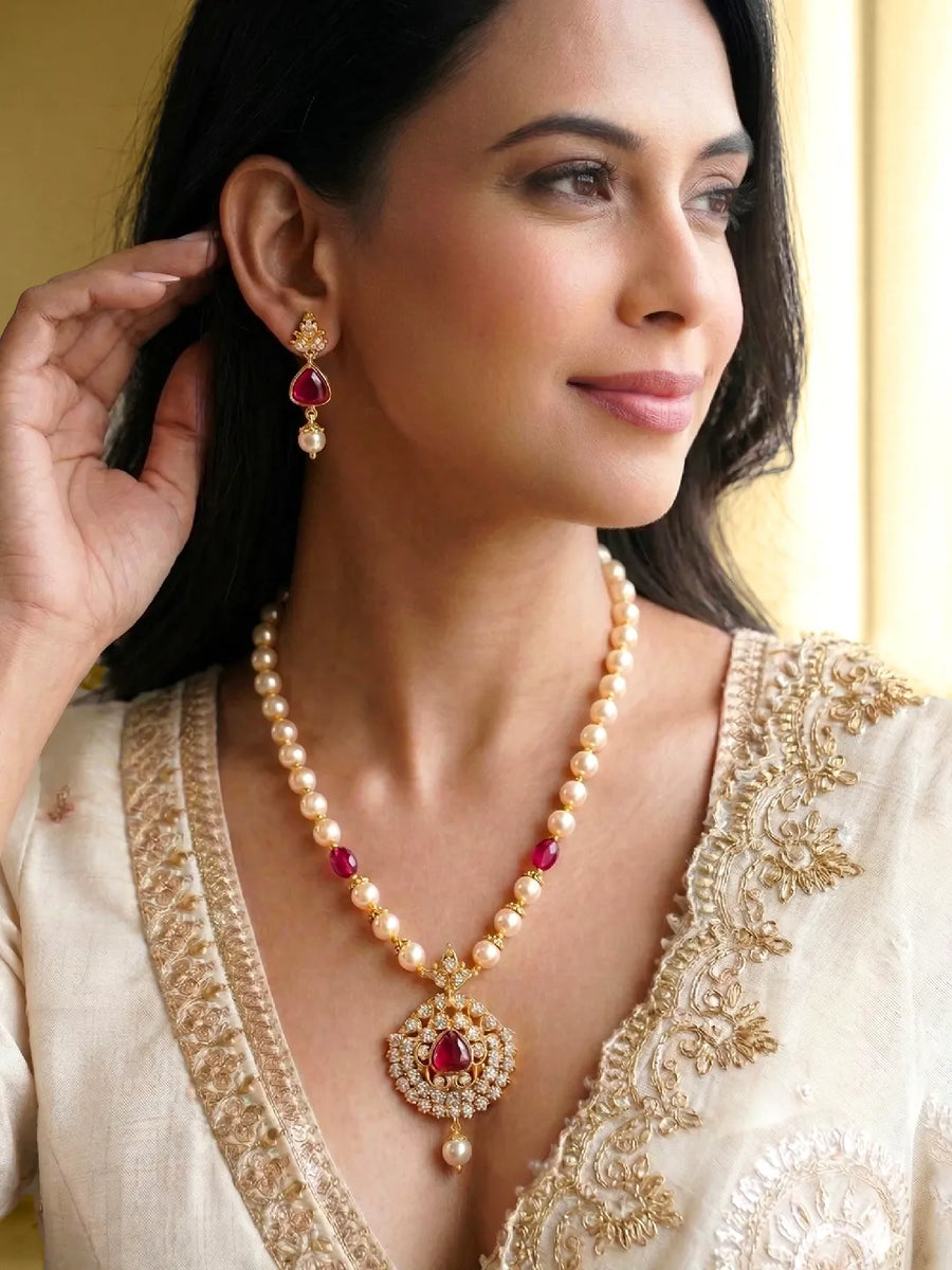 Peora Ruby & Zircon Pendant Pearl Necklace Set