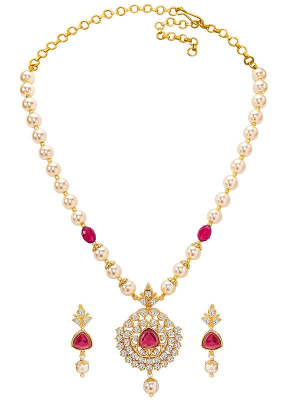 Peora Ruby & Zircon Pendant Pearl Necklace Set