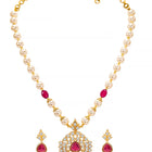 Peora Ruby & Zircon Pendant Pearl Necklace Set