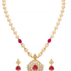 Peora Ruby & Zircon Pendant Pearl Necklace Set