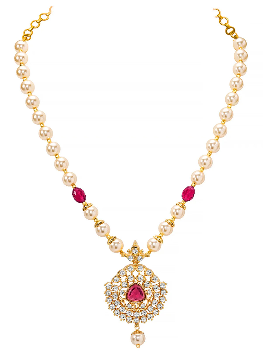 Peora Ruby & Zircon Pendant Pearl Necklace Set