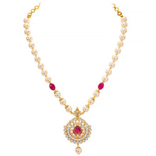 Peora Ruby & Zircon Pendant Pearl Necklace Set