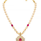 Peora Ruby & Zircon Pendant Pearl Necklace Set
