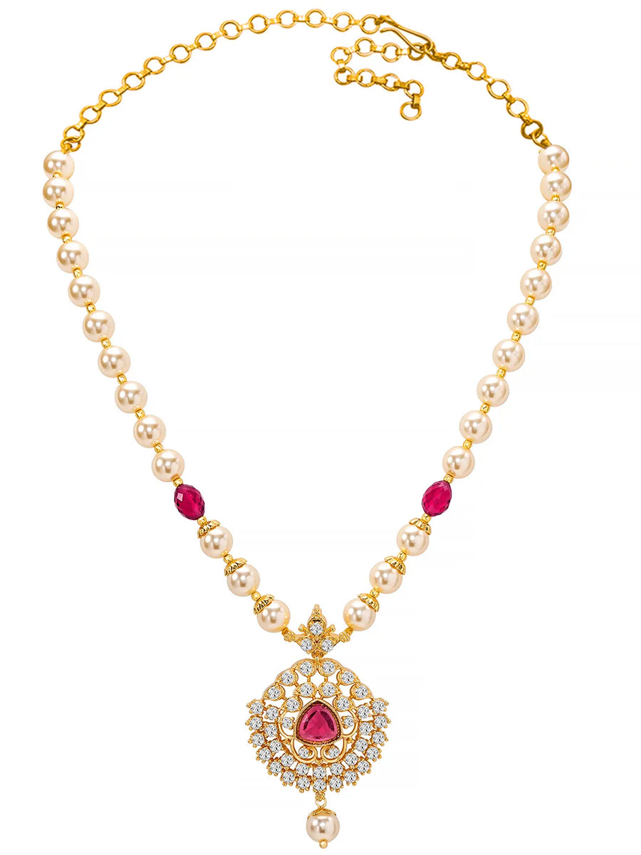 Peora Ruby & Zircon Pendant Pearl Necklace Set