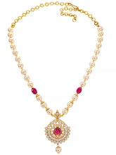 Peora Ruby & Zircon Pendant Pearl Necklace Set