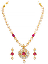 Peora Ruby & Zircon Pendant Pearl Necklace Set