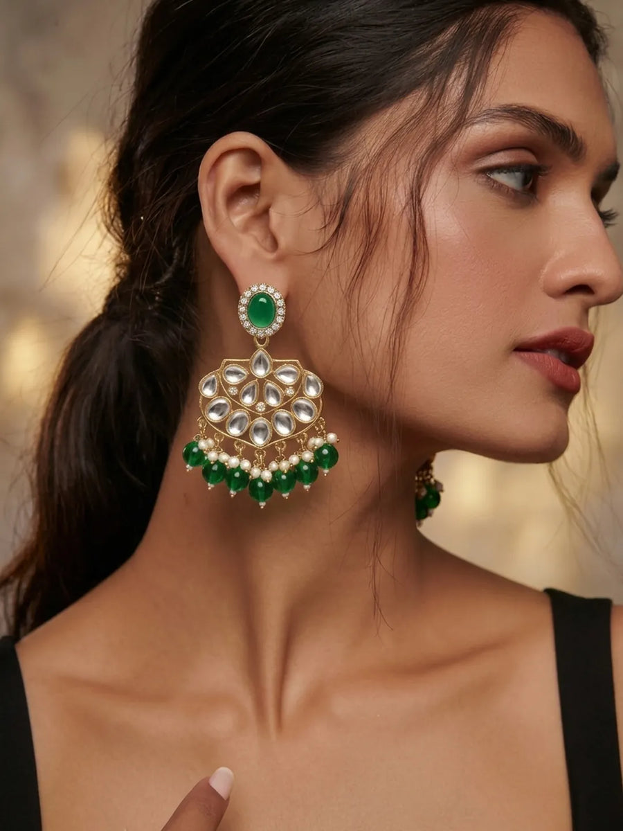 Gold Plated Green Pearl Dangle Earrings