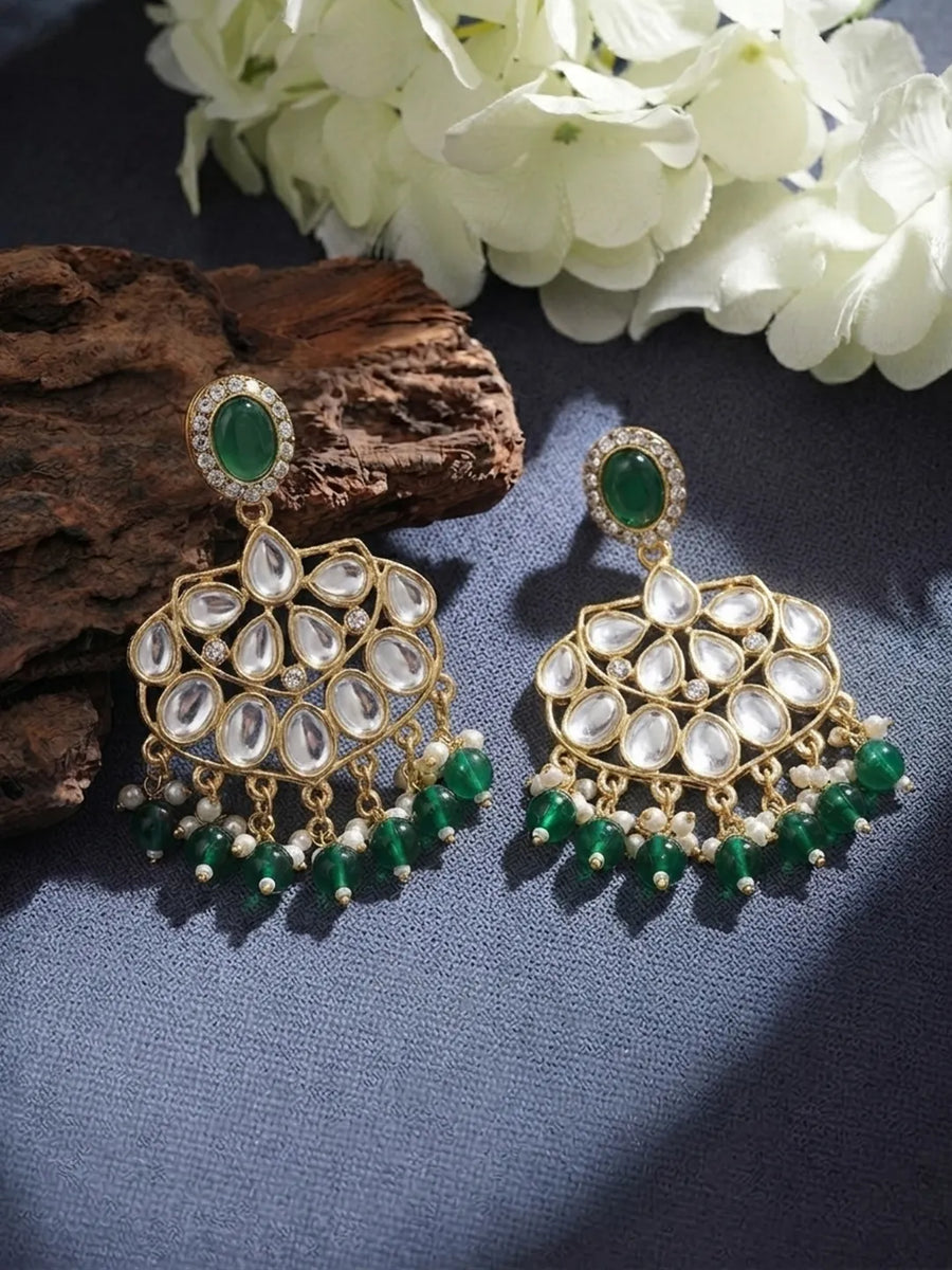 Gold Plated Green Pearl Dangle Earrings