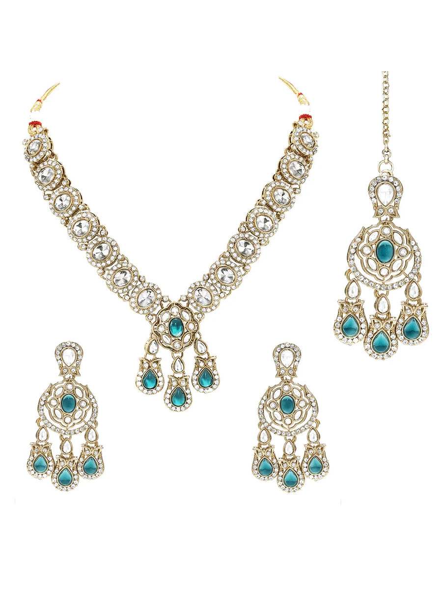 Gold Plated Kundan Green Drop Necklace Set