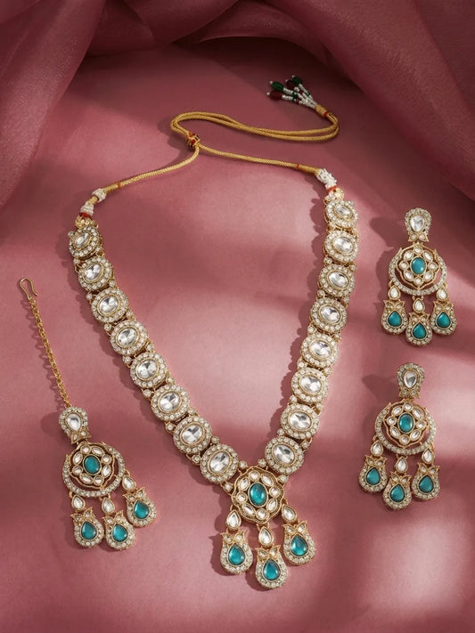 Gold Plated Kundan Green Drop Necklace Set